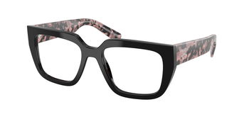 Das Bild zeigt die Prada Brille A03V in Schwarz leicht schräg von der Seite.